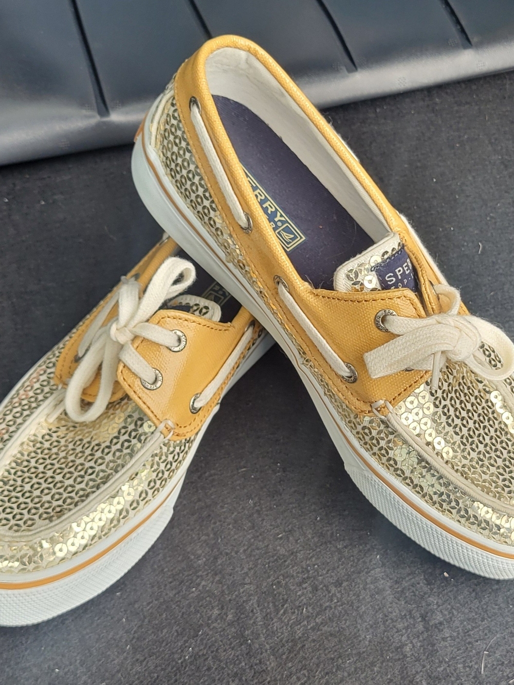 Sperry Gold Sequin & Yellow Canvas Boat Shoes - Women's 6M